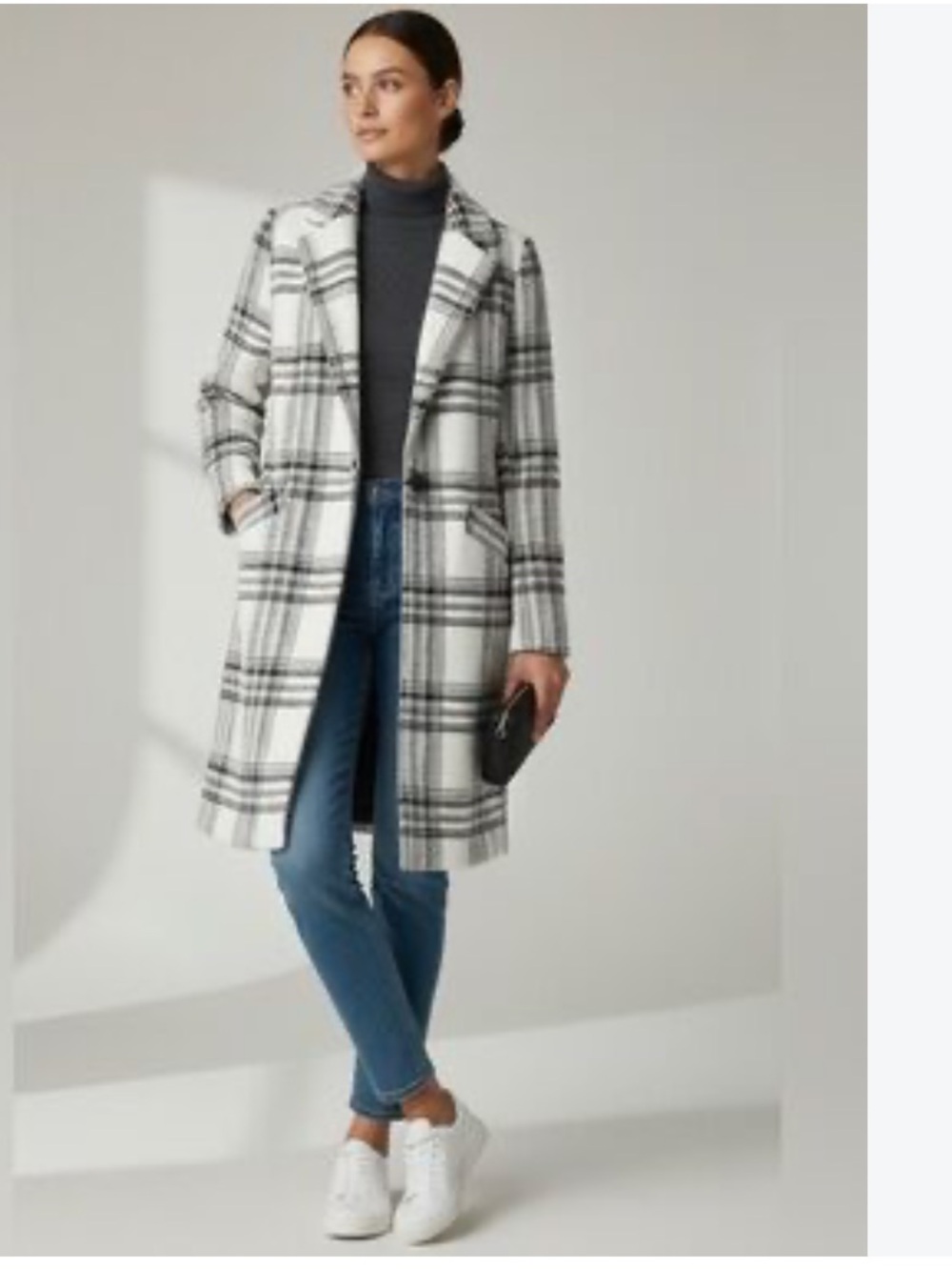 Rachel Zoe Black & White Plaid Polyester-Blend Trench Coat Size S